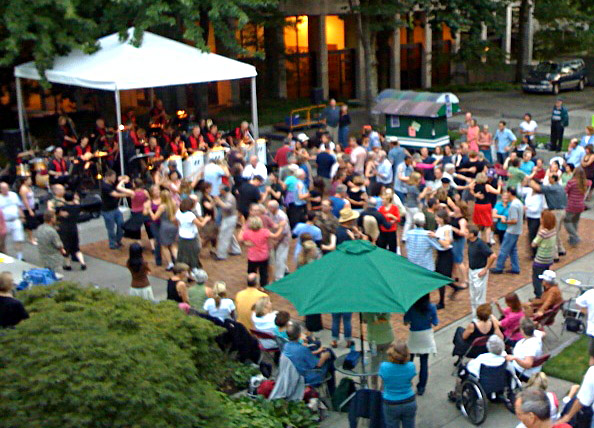 Portage Bay Big Band playing in Freeway Park to a huge crowd of dancers